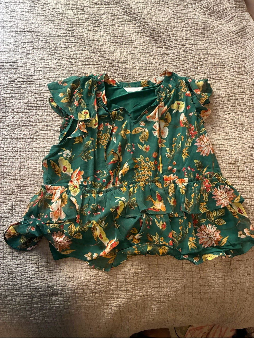 LC Lauren Conrad Green Floral Ruffle Peplum Top